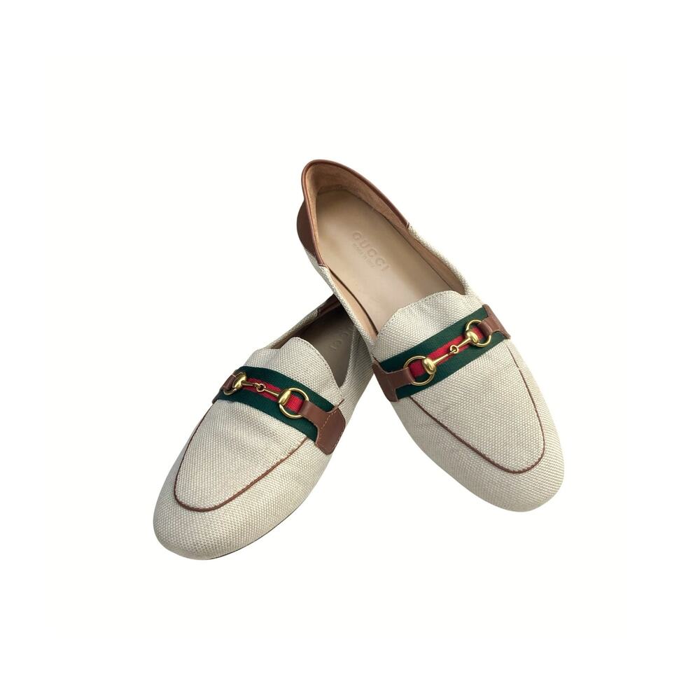 Gucci Brixton Canvas Horsebit Loafer Web Stripe Convertible Mule Sand Light Cuir